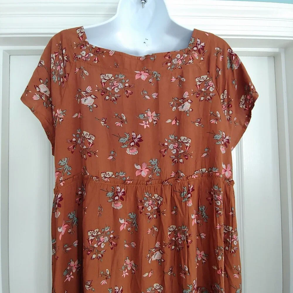 Natural Life Brown Floral Tiered Granola Soft Girl Square Neck Cottage Dress L - Picture 10 of 14